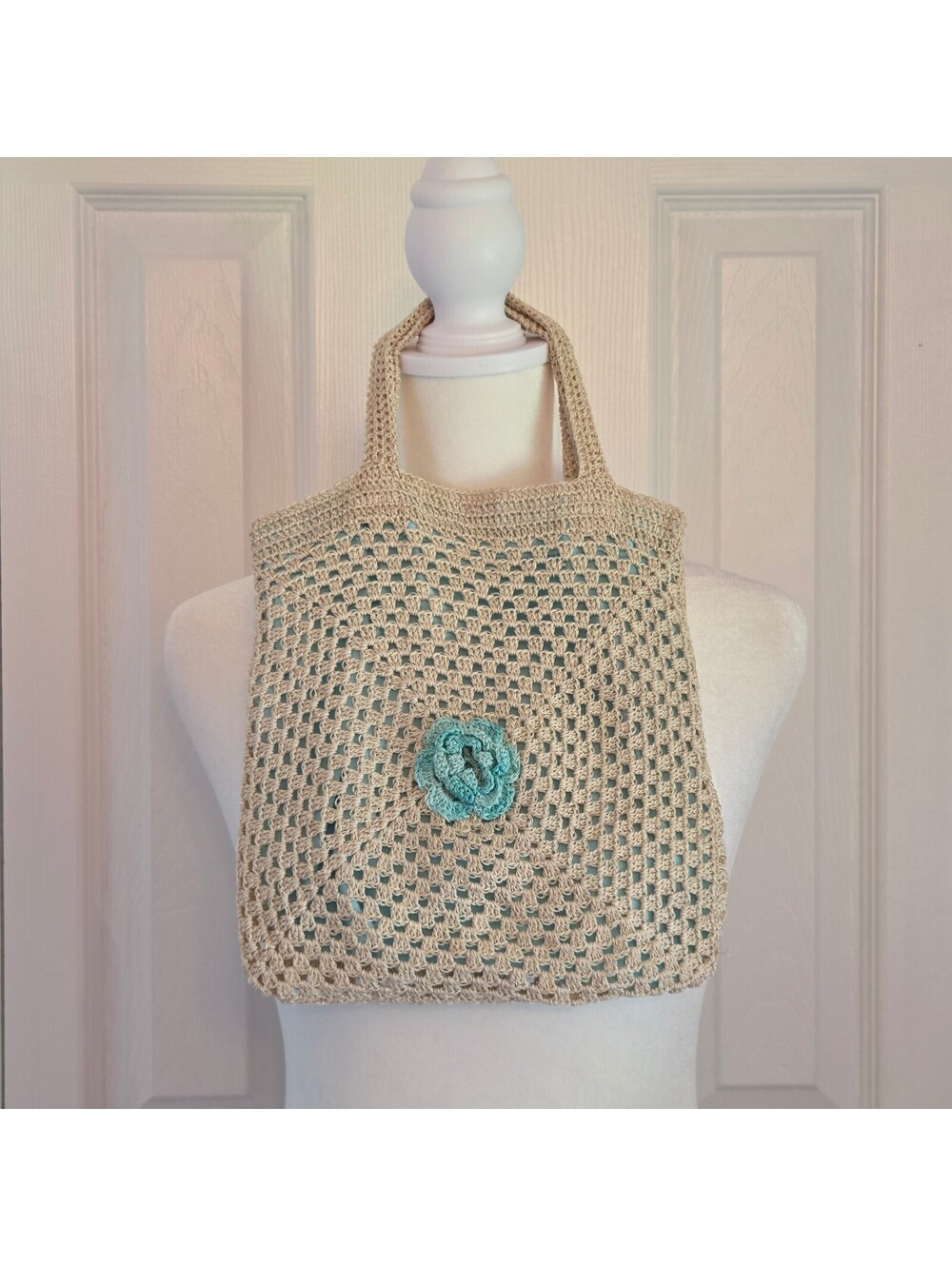 Tan Crochet Hand Bag with Aqua Blue Rose Flower and Lining Boho Cottage Beach